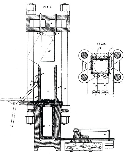 Henderson's patent for a machine to manufacture blocks of ice from thin fragments and sheets by compressing it under an hydraulic ram. Henderson explained that under pressure the the ice would give up some of its latent heat to the liquid present in the cavities between between particles and thus become more dense. On the pressure being removed, some sensible heat would be absorbed and rendered latent, thus making the ice colder