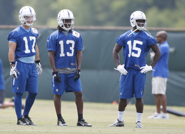 Jun 9, 2015; Indianapolis, IN, USA; Indianapolis Colts wide receivers from left to right Griff Whalen(17), T.Y. Hilton (13), and Phillip Dorsett (15) wait their turn to run passing routes during minicamp at the Indiana Farm Bureau Football Center. Mandatory Credit: Brian Spurlock-USA TODAY Sports
