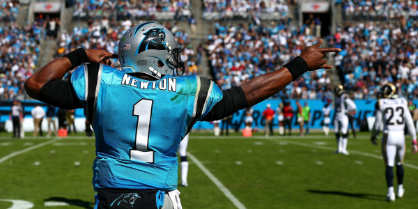 CHARLOTTE, NC - OCTOBER 20: Cam Newton #1 of the Carolina Panthers reacts after running for a first down during their game against the St. Louis Rams at Bank of America Stadium on October 20, 2013 in Charlotte, North Carolina. (Photo by Streeter Lecka/Getty Images)