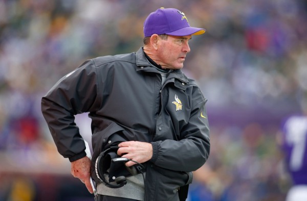 Nov 23, 2014; Minneapolis, MN, USA; Minnesota Vikings head coach Mike Zimmer walks along the sidelines in the game with the Green Bay Packers at TCF Bank Stadium. The Green Bay Packers win 24-21. Mandatory Credit: Bruce Kluckhohn-USA TODAY Sports