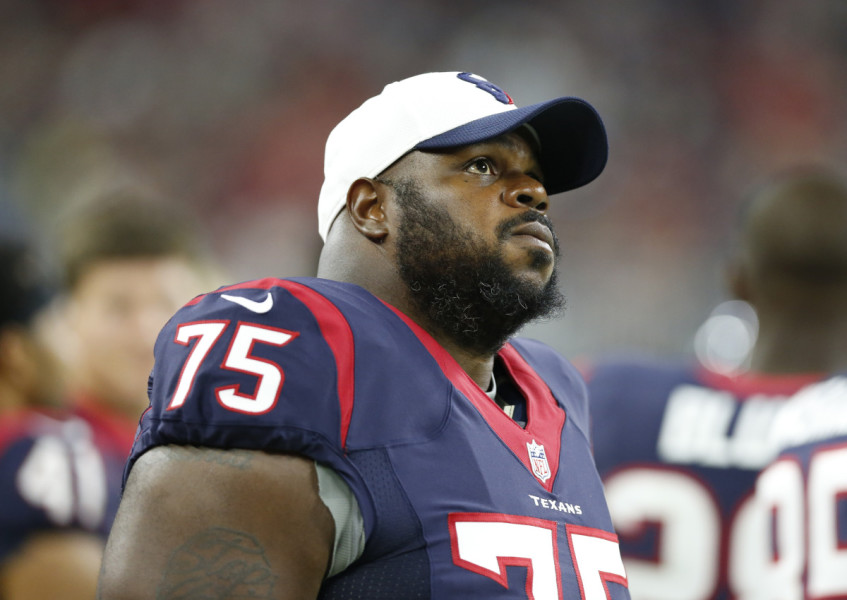 Aug 15, 2015; Houston, TX, USA; Houston Texans nose tackle Vince Wilfork (75) on the sidelines during the game against the San Francisco 49ers in a preseason NFL football game at NRG Stadium. Mandatory Credit: Matthew Emmons-USA TODAY Sports ORG XMIT: USATSI-224996 ORIG FILE ID: 20150815_mje_se2_836.jpg