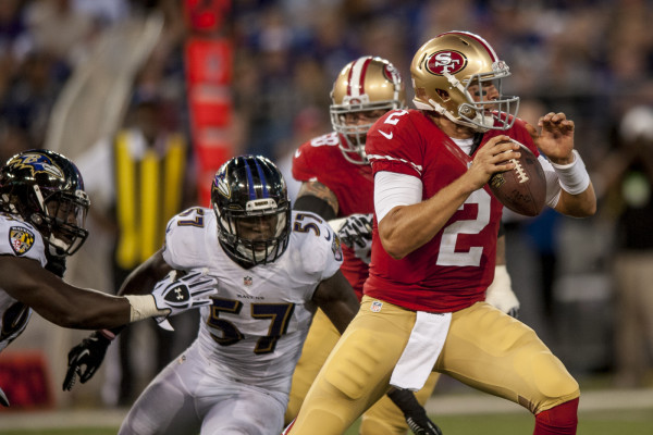 San Francisco 49ers' quarterback Blaine Gabbert passes the ball in the second quarter against the Baltimore Ravens during their pre-season game at M&T Bank Stadium on August 7, 2014 in Baltimore, Maryland. UPI/Pete Marovich