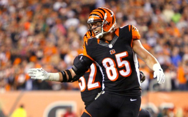 Nov 5, 2015; Cincinnati, OH, USA; Cincinnati Bengals tight end Tyler Eifert (85) reacts after scoring a touchdown during the second quarter against the Cleveland Browns at Paul Brown Stadium. Mandatory Credit: David Kohl-USA TODAY Sports