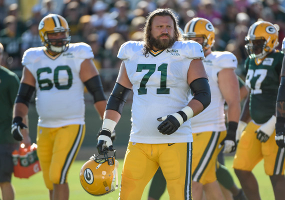 Aug 3, 2015; Green Bay, WI, USA; Green Bay Packers guard Josh Sitton (71) practice during training camp at Ray Nitschke Field. Mandatory Credit: Benny Sieu-USA TODAY Sports
