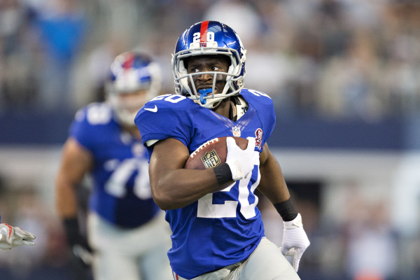 ARLINGTON, TX - OCTOBER 19: Prince Amukamara #20 of the New York Giants runs the ball against the Dallas Cowboys at AT&T Stadium on October 19, 2014 in Arlington, Texas. The Cowboys defeated the Giants 31-21. (Photo by Wesley Hitt/Getty Images)