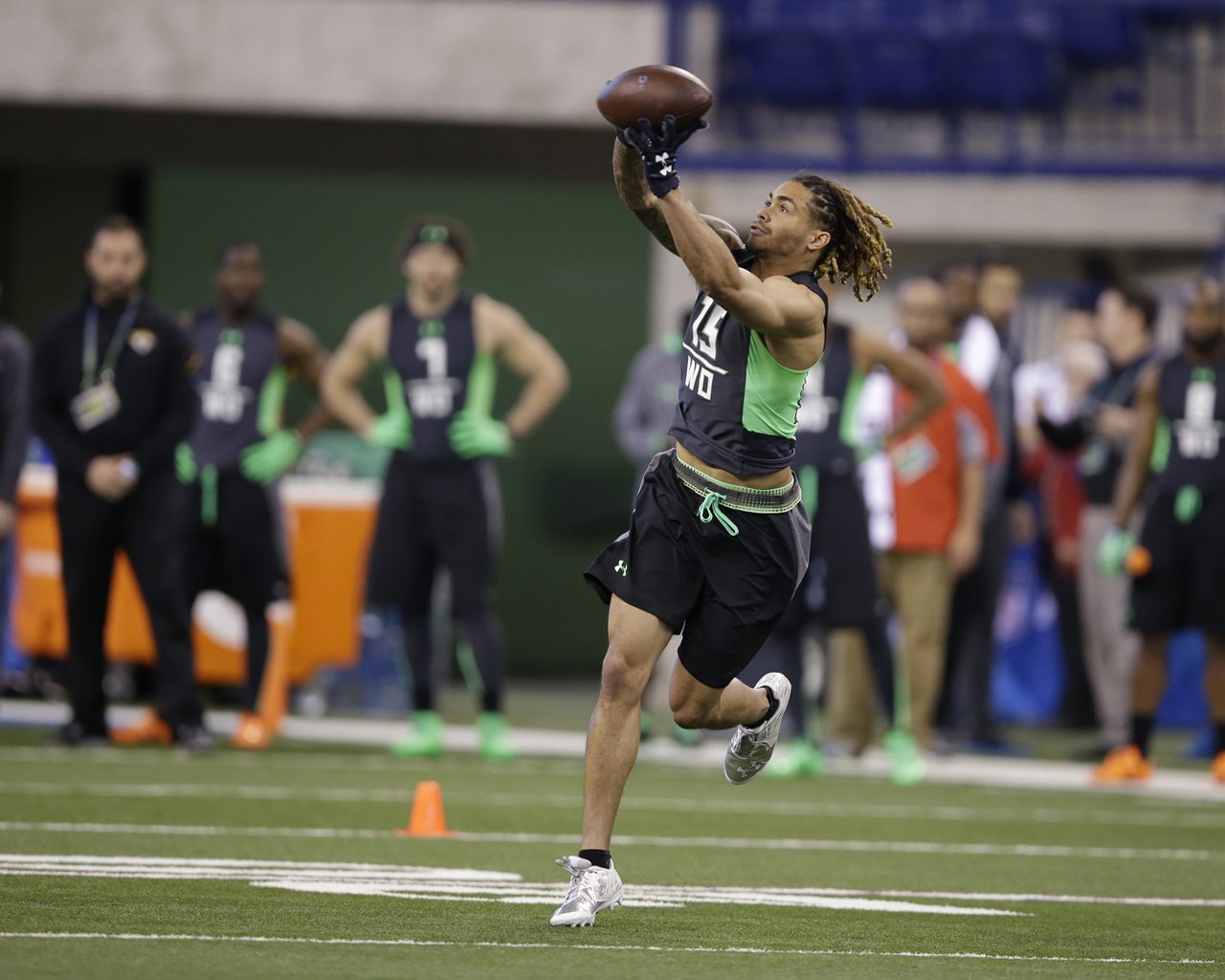Notre Dame receiver Will Fuller runs a drill at the NFL football scouting combine on Saturday, Feb. 27, 2016, in Indianapolis. (AP Photo/Darron Cummings)