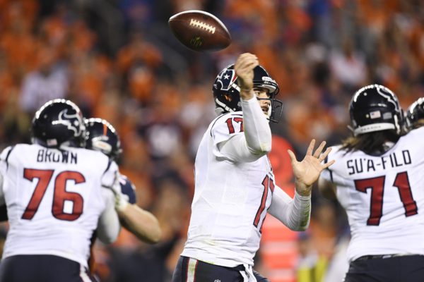 Brock Osweiler (17) of the Houston Texans loses the ball against the Denver Broncos during the third quarter on Monday, October 24, 2016. The Denver Broncos hosted the Houston Texans. Helen H. Richardson/The Denver Post