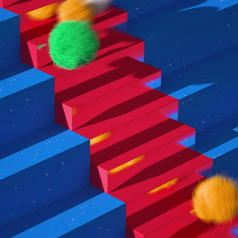 ce gif avec des petites boules qui descendent les escaliers parce que c'est le principe à la Station, on se déplace tout le temps d'une pièce à l'autre comme des boules de flippers glacées qui roulent