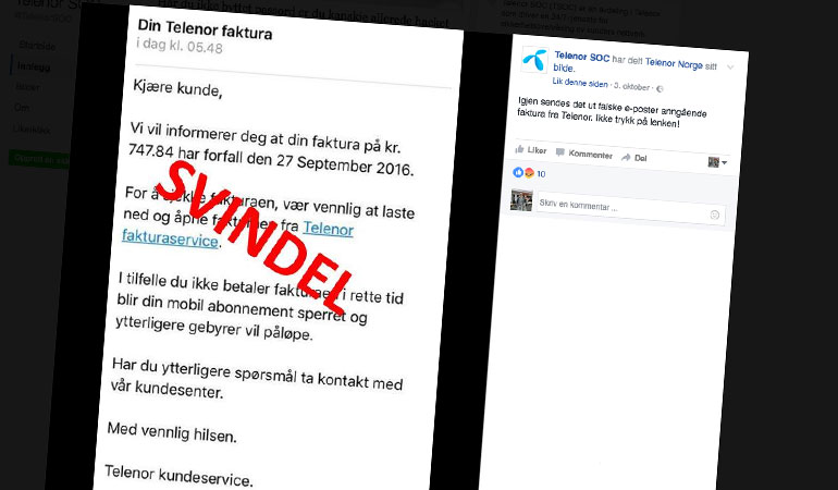 Mange svindlere forsøker å utnytte tilliten brukere gjerne har til store bedrifter – også Telenor. Se derfor opp for falske SMS-er, e-poster og Facebook-poster. Du kan også følge Telenors sikkerhetsavdelig SOC på Facebook for gode tips og råd om sikkerhet.