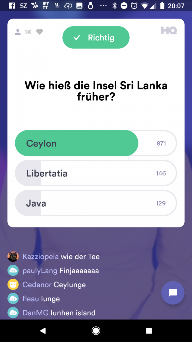 HQ-Trivia-Frage: Wie hieß die Insel Sri Lanka früher? Screenshot: HQ Trivia