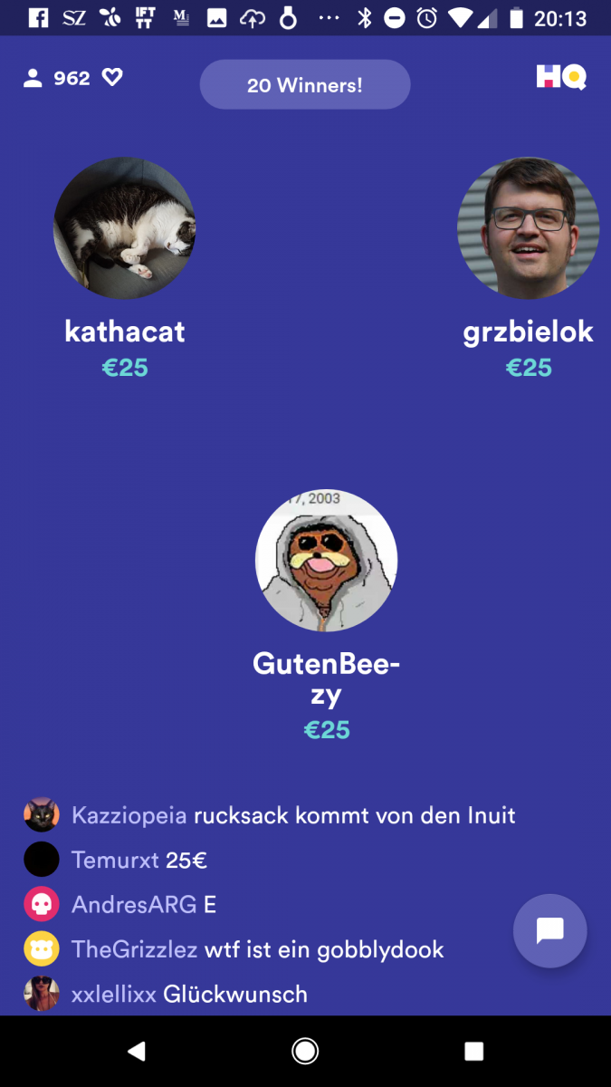 Man kann sich selbst bei den Gewinnern sehen. Screenshot: HQ Trivia