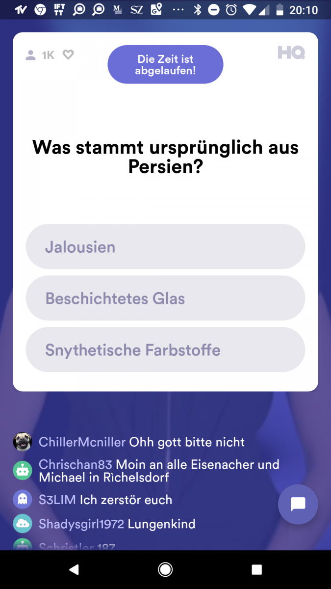 Frage-Layout bei HQ Trivia. Es gibt immer drei Antwortmöglichkeiten. Screenshot: HQ Trivia