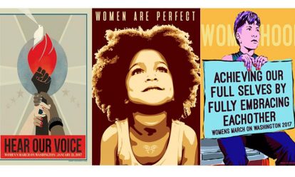 collage van drie posters over Women's March in de Verenigde Staten 2017 De opmars van/tegen president Donald Trump