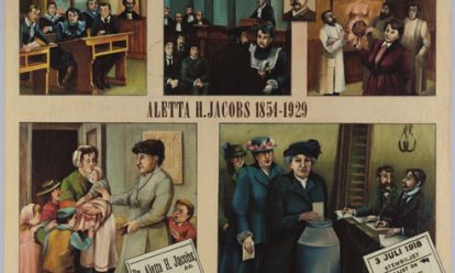 wandplaat voor onderwijs met illustraties over het leven van Aletta Jacobs. Vervaardiger: Helena van der Wusten. Collectie IAV Atria a4432 Zoeken op Aletta Jacobs en FAQ