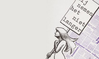gedeelte uit affiche waarop vrouw met bord loopt met daarop de tekst wij nemen het niet langer Atria pleit voor aanpassing wetsartikel verkrachting