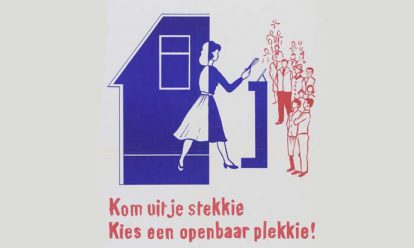 affiche met tekst kom uit je stekkie - kies een openbaar plekkie Voor het eerst in de geschiedenis wordt een vrouw SGP-wethouder