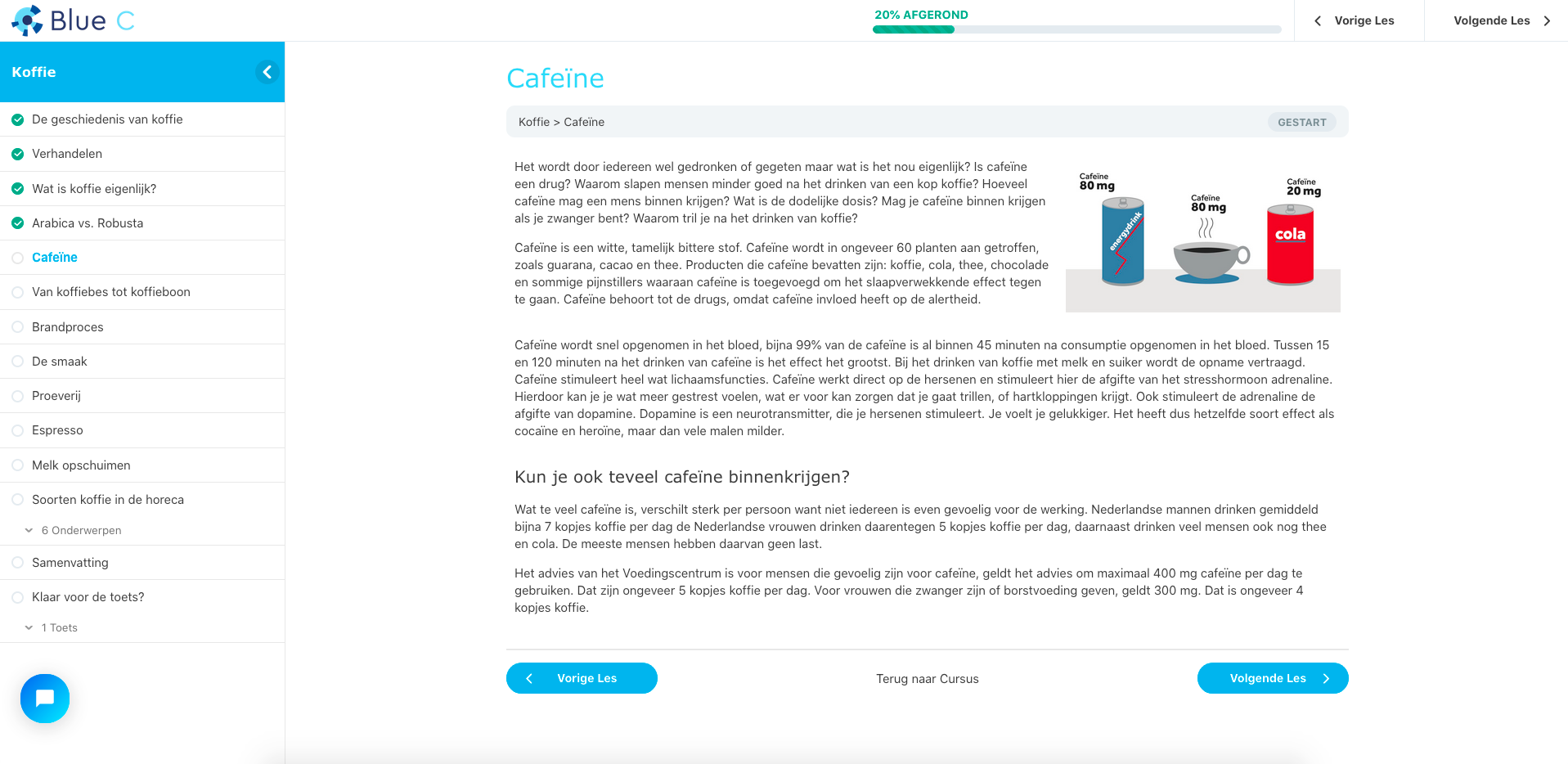 Voorbeeld van de cursus Koffie in de e-learning van Blue C, de les over caffeïne