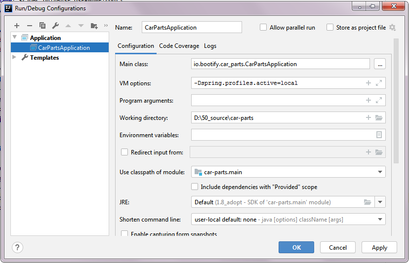 Creating a run configuration for our Spring Boot microservice Creating a run configuration for our Spring Boot microservice