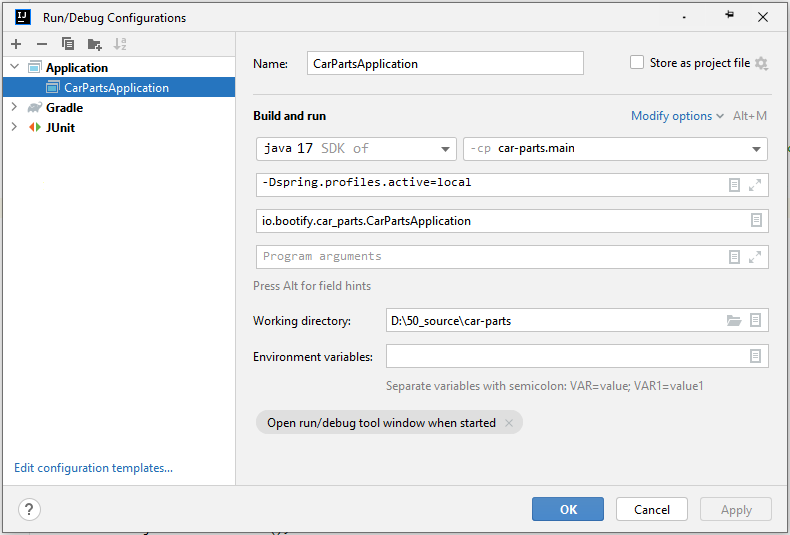 Creating a run configuration for our Spring Boot microservice