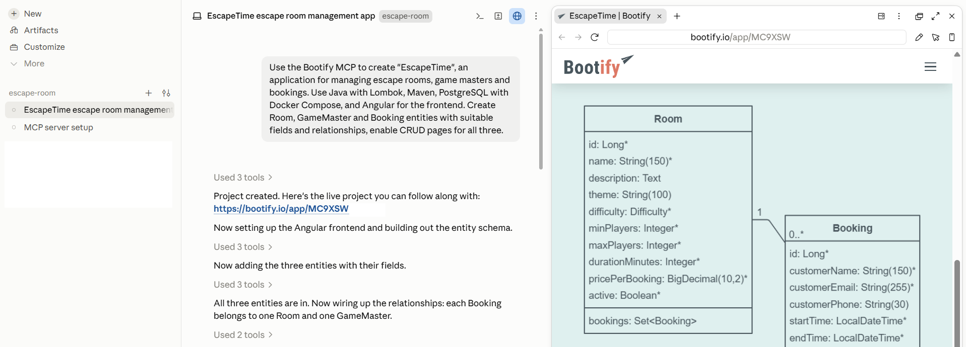 Claude creating EscapeTime with the Bootify MCP Claude creating EscapeTime with the Bootify MCP