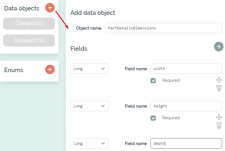 Adding the PartDetailsDimensions data object Adding the PartDetailsDimensions data object