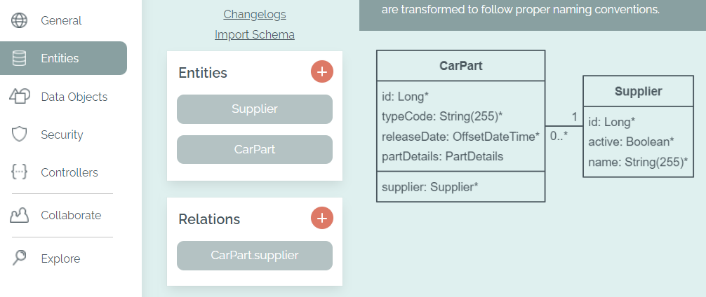 The Entities tab with a simple database schema The Entities tab with a simple database schema