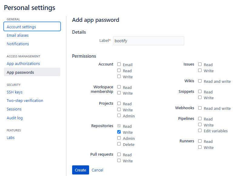 Creating an app password in Bitbucket Creating an app password in Bitbucket