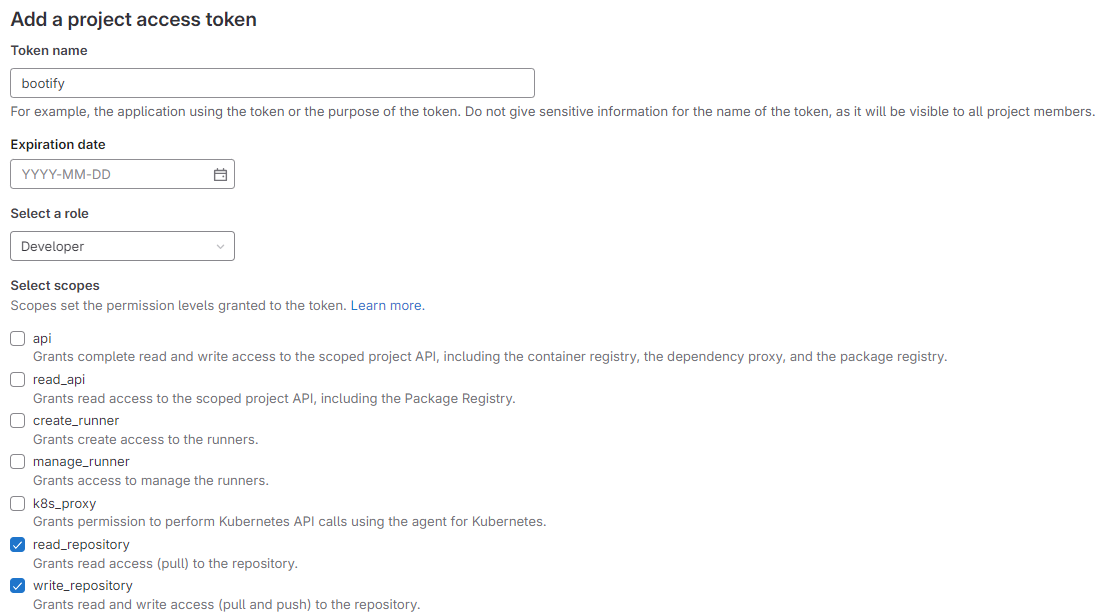 Project access token in GitLab with the developer role Project access token in GitLab with the developer role