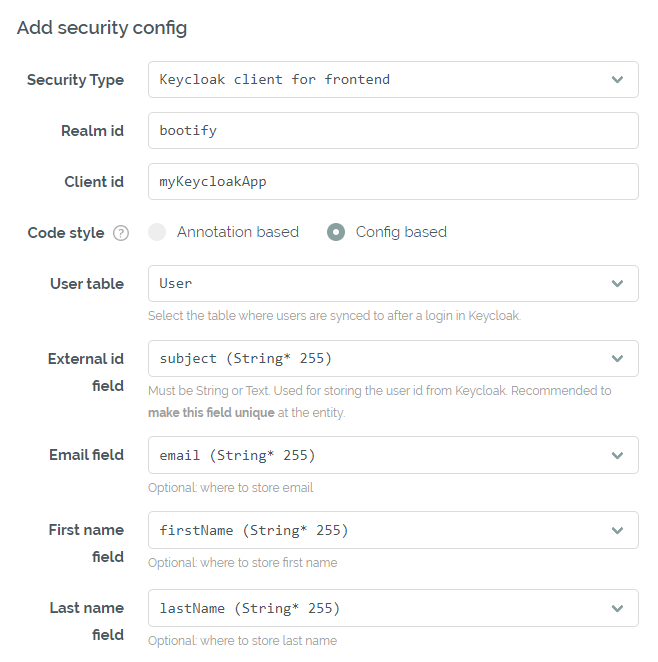 Keycloak configuration in the Security tab Keycloak configuration in the Security tab