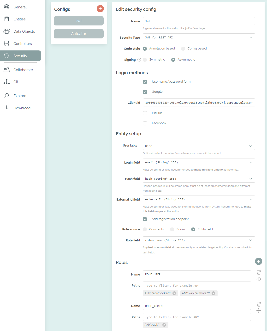The Security tab with a selected user and role table The Security tab with a selected user and role table