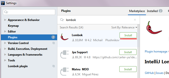 Installation of the Lombok plugin in IntelliJ under "Settings -> Plugins" Installation of the Lombok plugin in IntelliJ under "Settings -> Plugins"