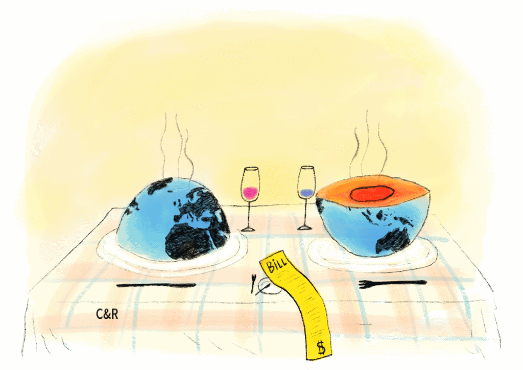 A table for three: two carve up the world, while the third, facing an empty plate, picks up the tab.
