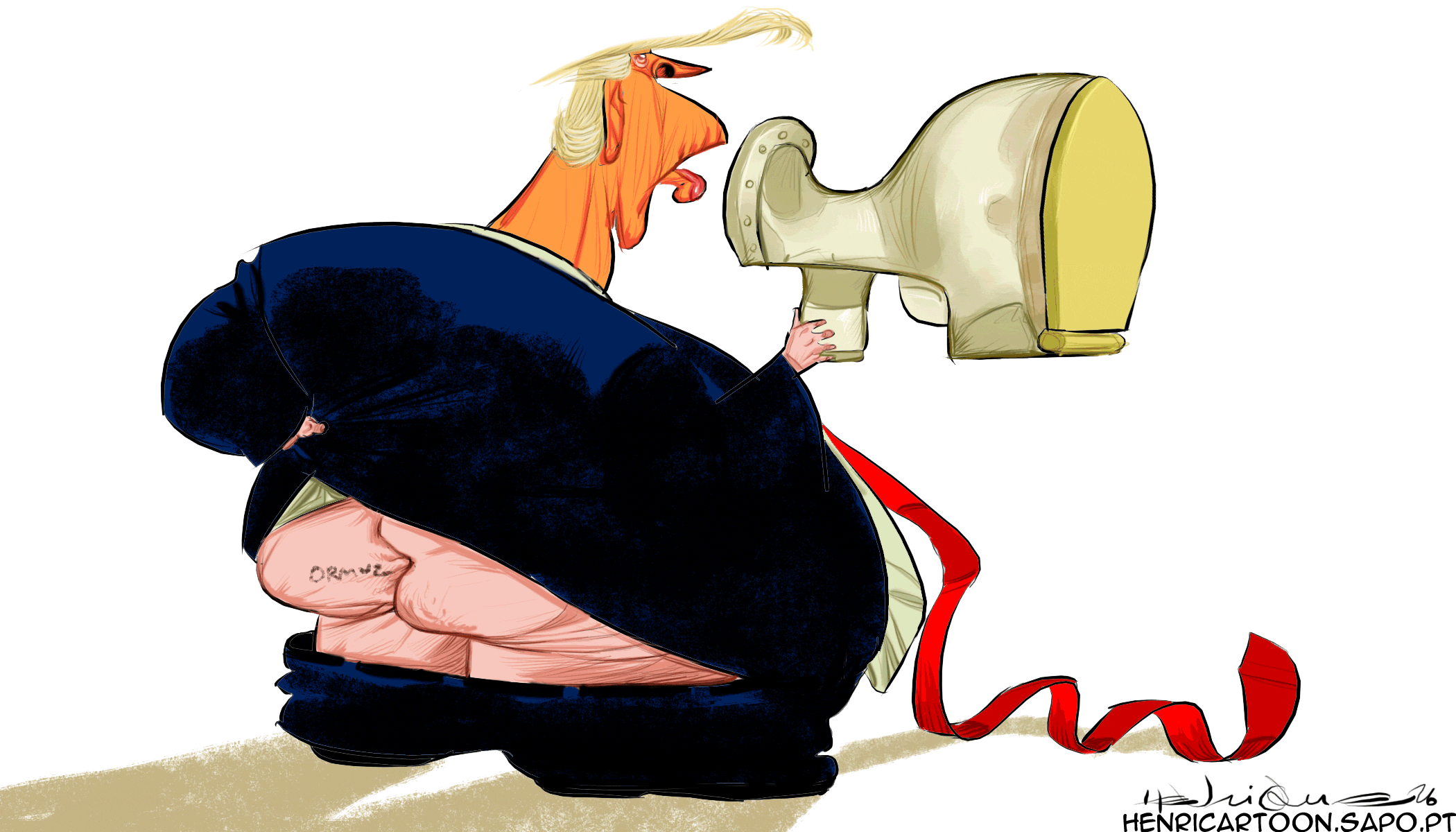Cartoon showing Donald Trump with his pants down and butt showing, giving a speech while using a toilet bowl as a megaphone.