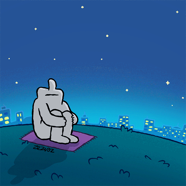 Animated cartoon by Zez Vaz depicting a human character looking up at the night sky, sitting on a field with city lights in the background. A shooting star appears and they point at it happily. A missile goes up and shoots the shooting star and the character gets sad. Loop.