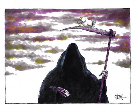 The Grim Reaper under a leaden sky has a cautious peace dove pearched on its scythe.