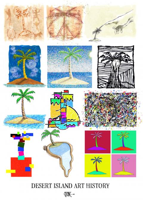 Montage of art styles with a desert island theme