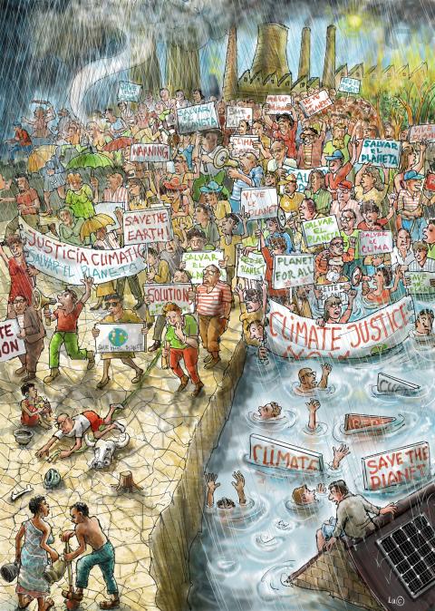 Cartoon showing climate protesters holding banners and marching in a landscape divided in two Half of the landscape is a scorching desert, while the other half is flooded in water. In the background we see large factories.