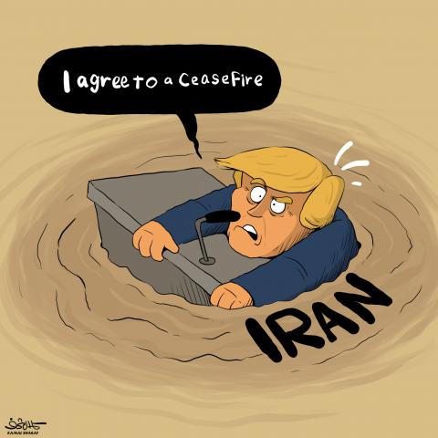Cartoon showing Trump, submerged in a brown sludge up to his shoulders and sinking, while he desperately cries out: ‘I agree to a ceasefire!’