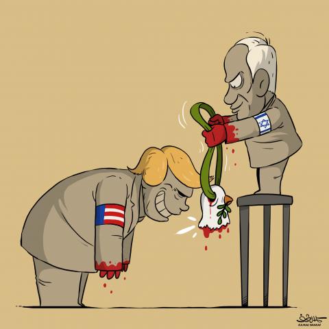 Cartoon showing Trump bending over while Netanyahu stands on a stool and hangs a Nobel Peace Prize over his head. The prize consists of a ribbon that passes through the eye socket of the severed head of a peace dove. Both Netanyahu and Trump have bloody hands.
