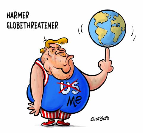 The image shows Donald Trump dressed like a Harlem Globetrotters player, balancing the planet on his middle finger. There is a title saying "Harmer Globethreatener"