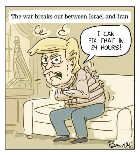 Political cartoon depicting Donald Trump in a straitjacket, suggesting his unconventional approach to international conflicts.