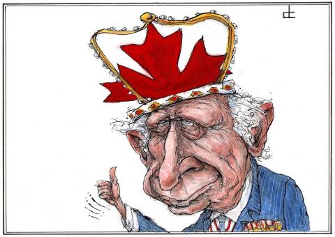 King Charles wears crown with Canadian maple leaf.