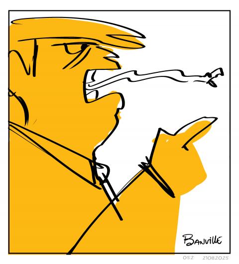 Trump is shouting and pointing at something. A serpent is coming out of his mouth.