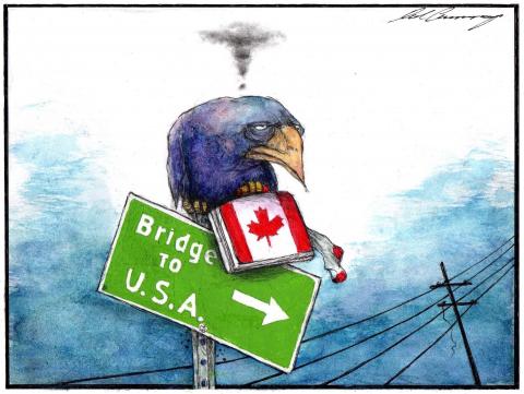 A travelling Canadian bird rests on US road sign