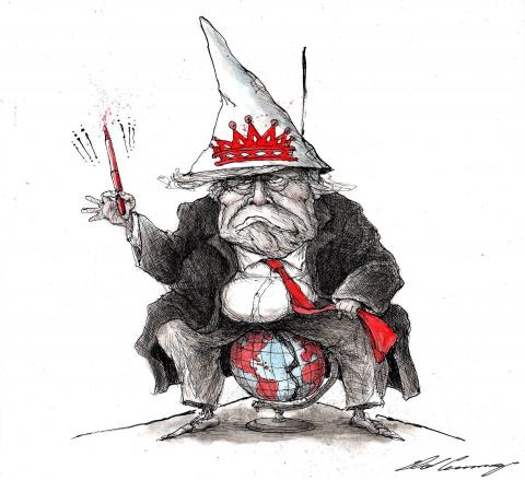 Donald Trump sitting on a globe wearing a dunce cap.