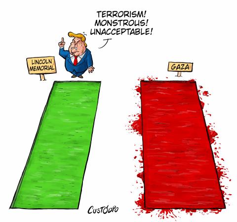 Donald Trump appears in the upper left of the image, standing in front of the green-colored Lincoln Memorial Reflecting Pool, looking indignant and shouting: “Terrorism! Monstrous! Unacceptable!” On the right side, a second pool appears, depicted as tragically filled with red water and blood-like splashes, with a sign reading “Gaza.”