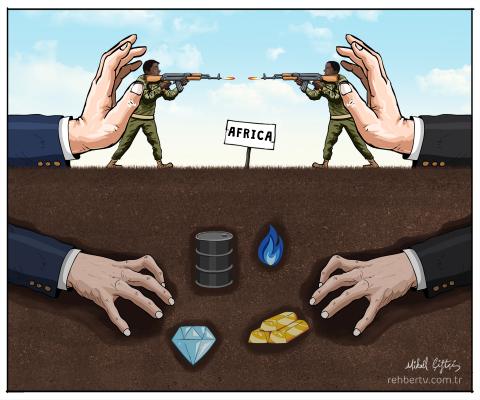Cartoon showing two black soldiers standing and pointing guns at each other. Between them stands a sign that reads’ Africa’. They are being pushed closer to each other by giant white hands. Other giant white hands are delving into the ground to get at the precious metals and jewels that can be found there.