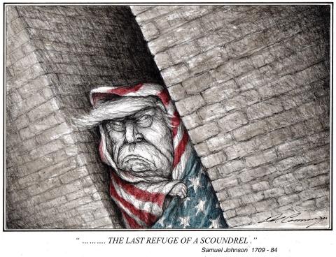 Donald Trump in an alley, wrapped in the flag.
