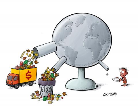 The image shows the Earth as a globe over a base, and we have three pipes coming out of the globe. From the left part of the globe, a thick pipe throw a lot food into a truck with a $ painted on it. Besides, a thinner pipe also throw  food into a trash can. In the right part of the globe, a very Tinny pipe throw no food at all, and a spider wire with a spider hanging from it. Standing at the end of that thinnest pipe we have a poor child with a sad face and an empty plate waiting for some food.