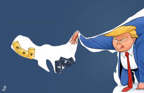 Cartoon showing the Strait of Hormuz as the cross-section of a cave; Donald Trump is lying on his belly, trying with all his might to reach inside with his arm, past the sharp protrusion that is so characteristic of the strait. Inside the cave are oil barrels and nuclear weapons.